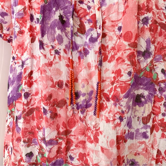 pink purple floral print cap short sleeve blouse with tassels - Picture 7 of 16